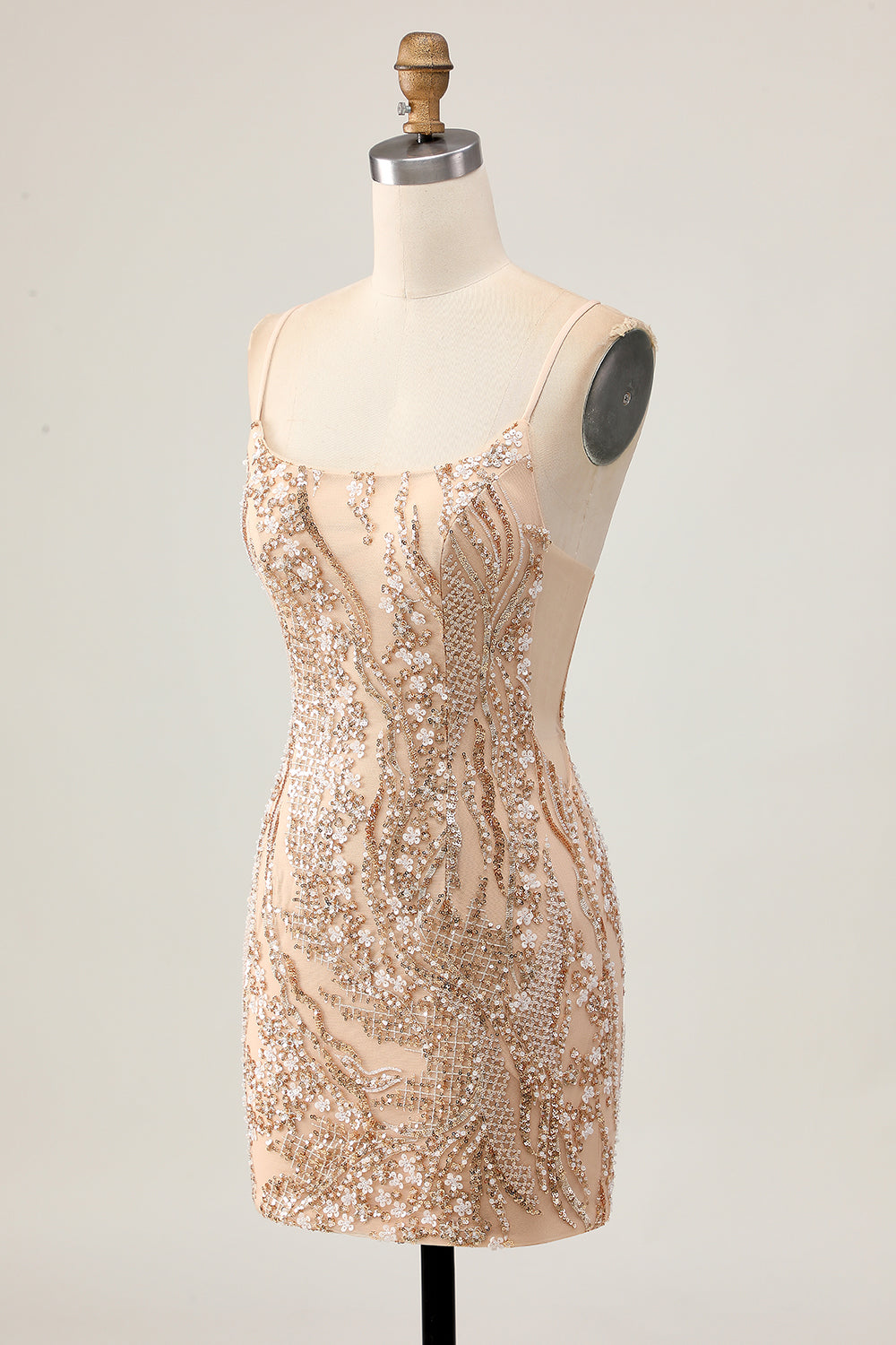 Sparkly Champagne Floral Tight Short Beaded Homecoming Dress