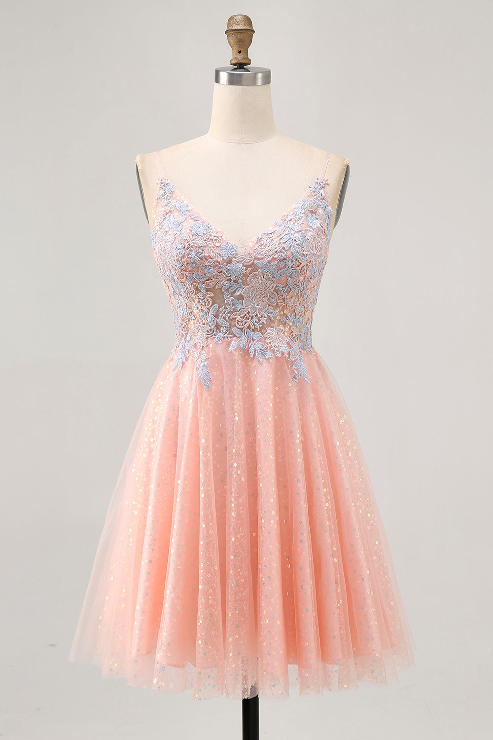 Sparkly Blush and Blue Appliqued Short A Line Homecoming Dress with Sequins