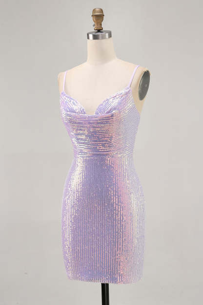 Sparkly Lilac Sequined Tight Backless Short Homecoming Dress