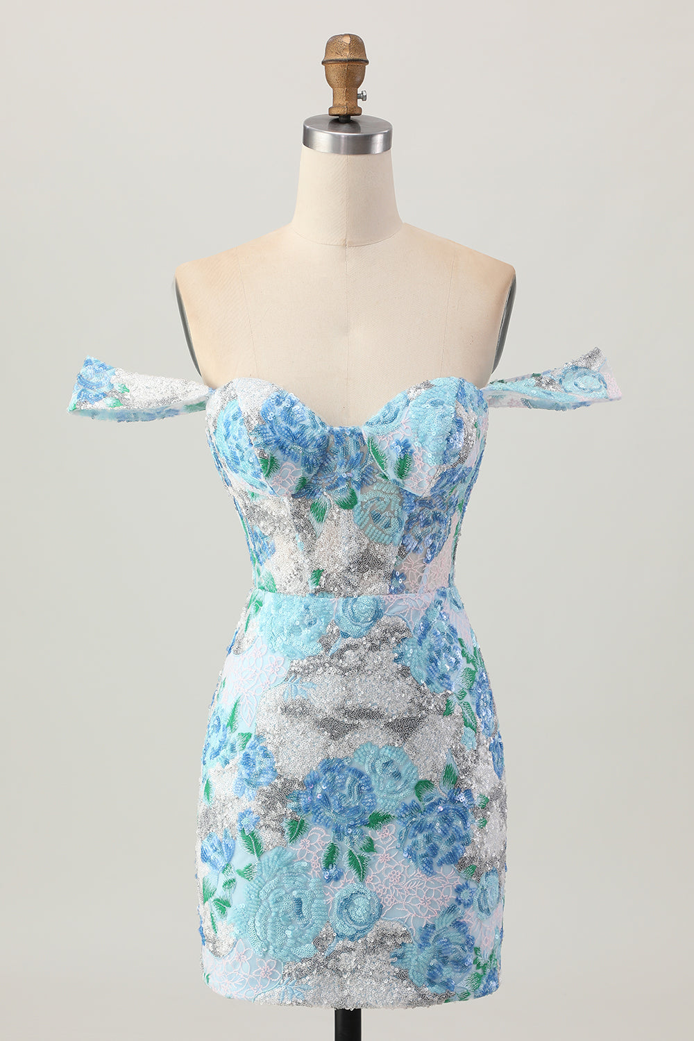 Sparkly White Blue Floral Sequins Short Tight Homecoming Dress
