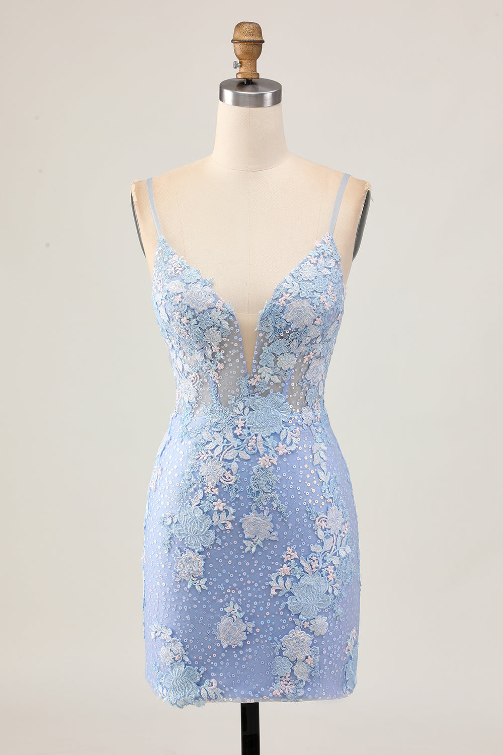 Light Blue Floral Tight Backless Short Corset Homecoming Dress with Appliques