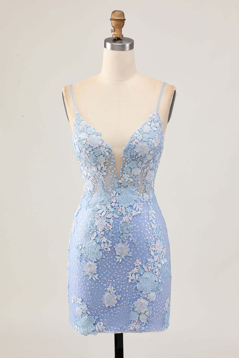 Leely Women Light Blue Floral Tight Short Corset Homecoming Dress Spaghetti Straps Backless Cocktail Dress with Appliques