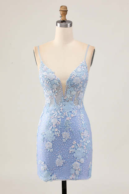 Leely Women Light Blue Floral Tight Short Corset Homecoming Dress Spaghetti Straps Backless Cocktail Dress with Appliques