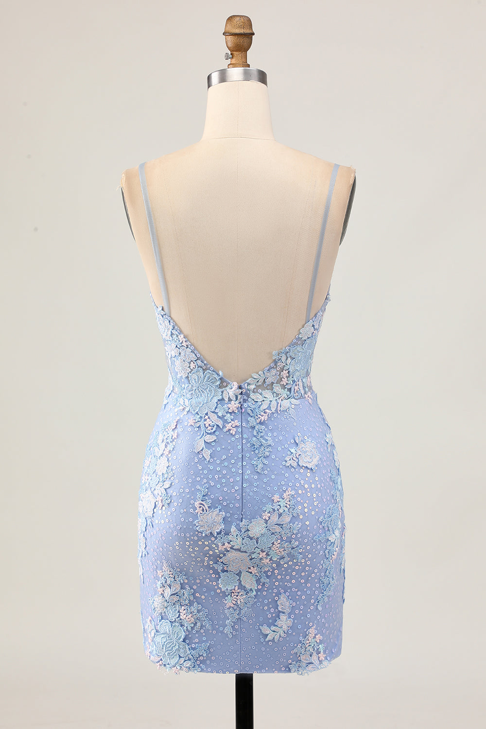 Light Blue Floral Tight Backless Short Corset Homecoming Dress with Appliques