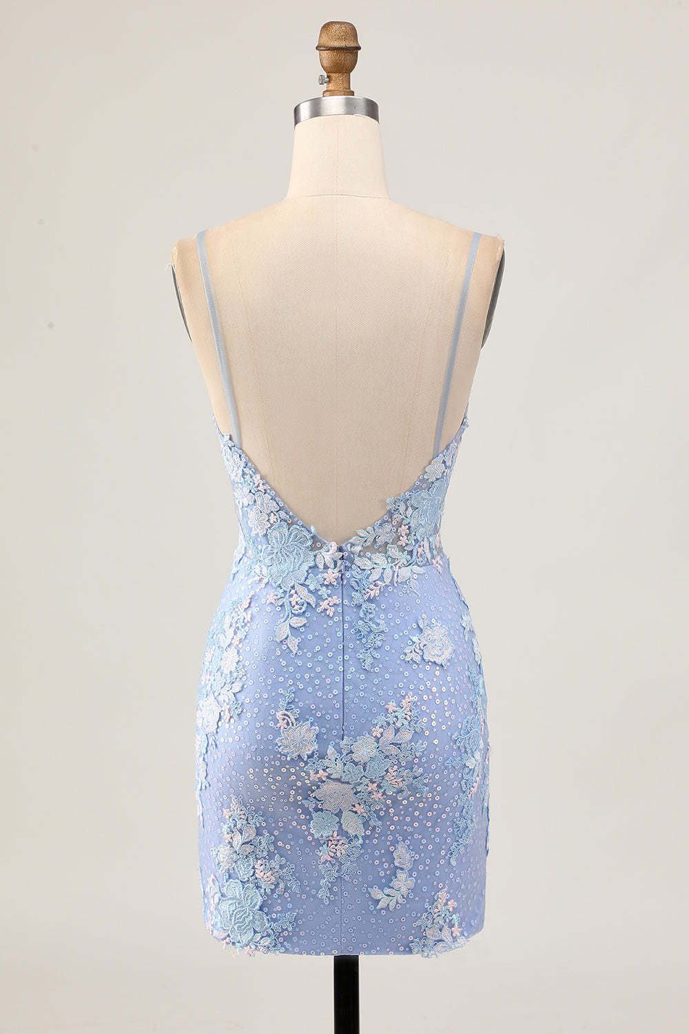 Light Blue Floral Tight Backless Short Corset Homecoming Dress with Appliques