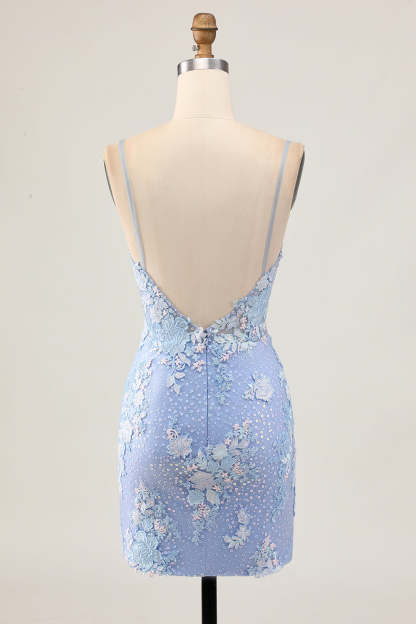 Light Blue Floral Tight Backless Short Corset Homecoming Dress with Appliques