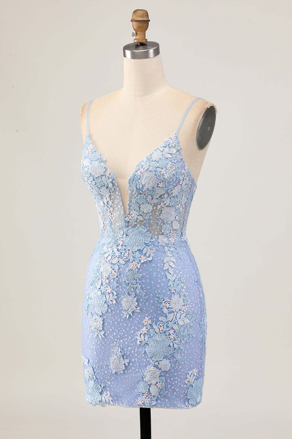 Light Blue Floral Tight Backless Short Corset Homecoming Dress with Appliques