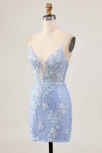Light Blue Floral Tight Backless Short Corset Homecoming Dress with Appliques