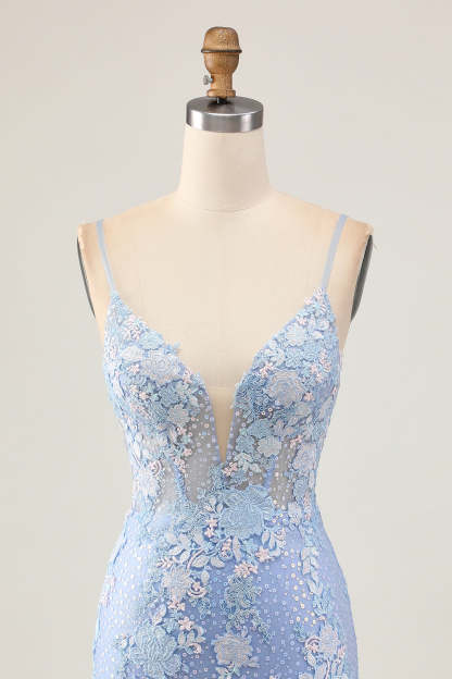 Light Blue Floral Tight Backless Short Corset Homecoming Dress with Appliques