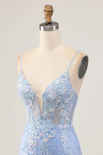 Light Blue Floral Tight Backless Short Corset Homecoming Dress with Appliques