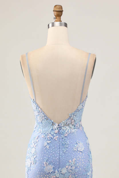 Light Blue Floral Tight Backless Short Corset Homecoming Dress with Appliques