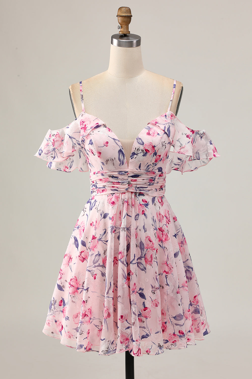 Pink Floral Chiffon Cold Shoulder Ruched Short Homecoming Dress with Ruffles