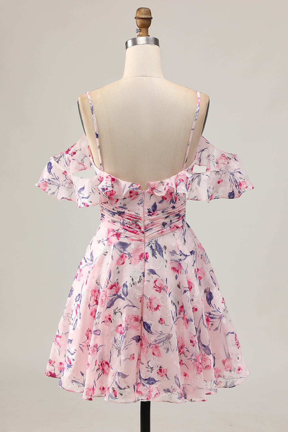 Pink Floral Chiffon Cold Shoulder Ruched Short Homecoming Dress with Ruffles