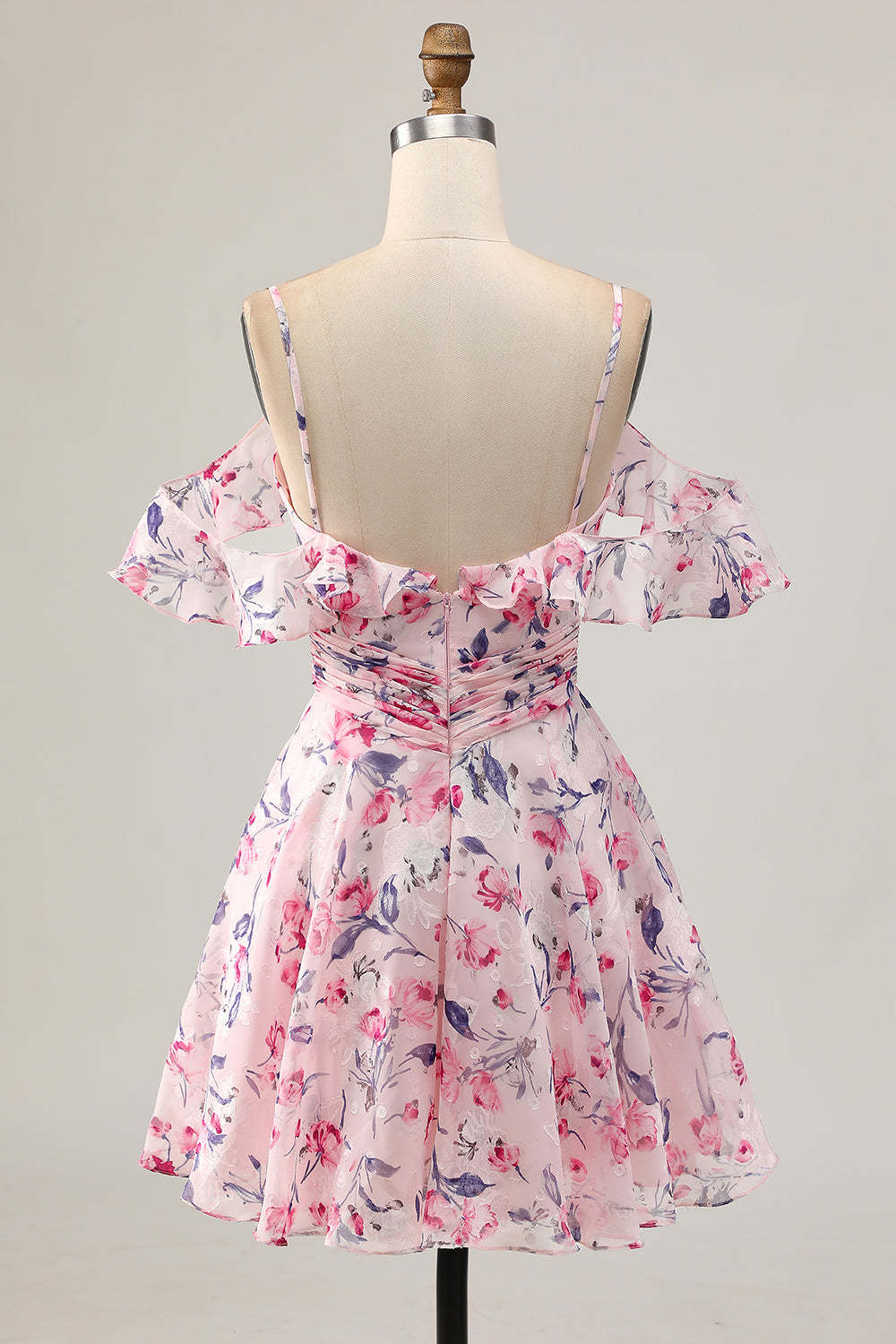 Pink Floral Chiffon Cold Shoulder Ruched Short Homecoming Dress with Ruffles