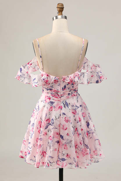 Pink Floral Chiffon Cold Shoulder Ruched Short Homecoming Dress with Ruffles
