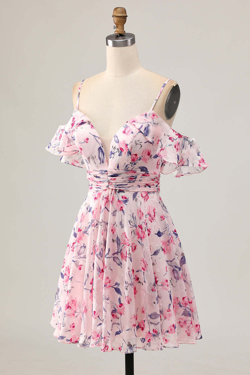 Pink Floral Chiffon Cold Shoulder Ruched Short Homecoming Dress with Ruffles