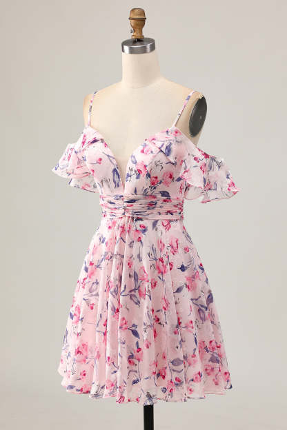 Pink Floral Chiffon Cold Shoulder Ruched Short Homecoming Dress with Ruffles