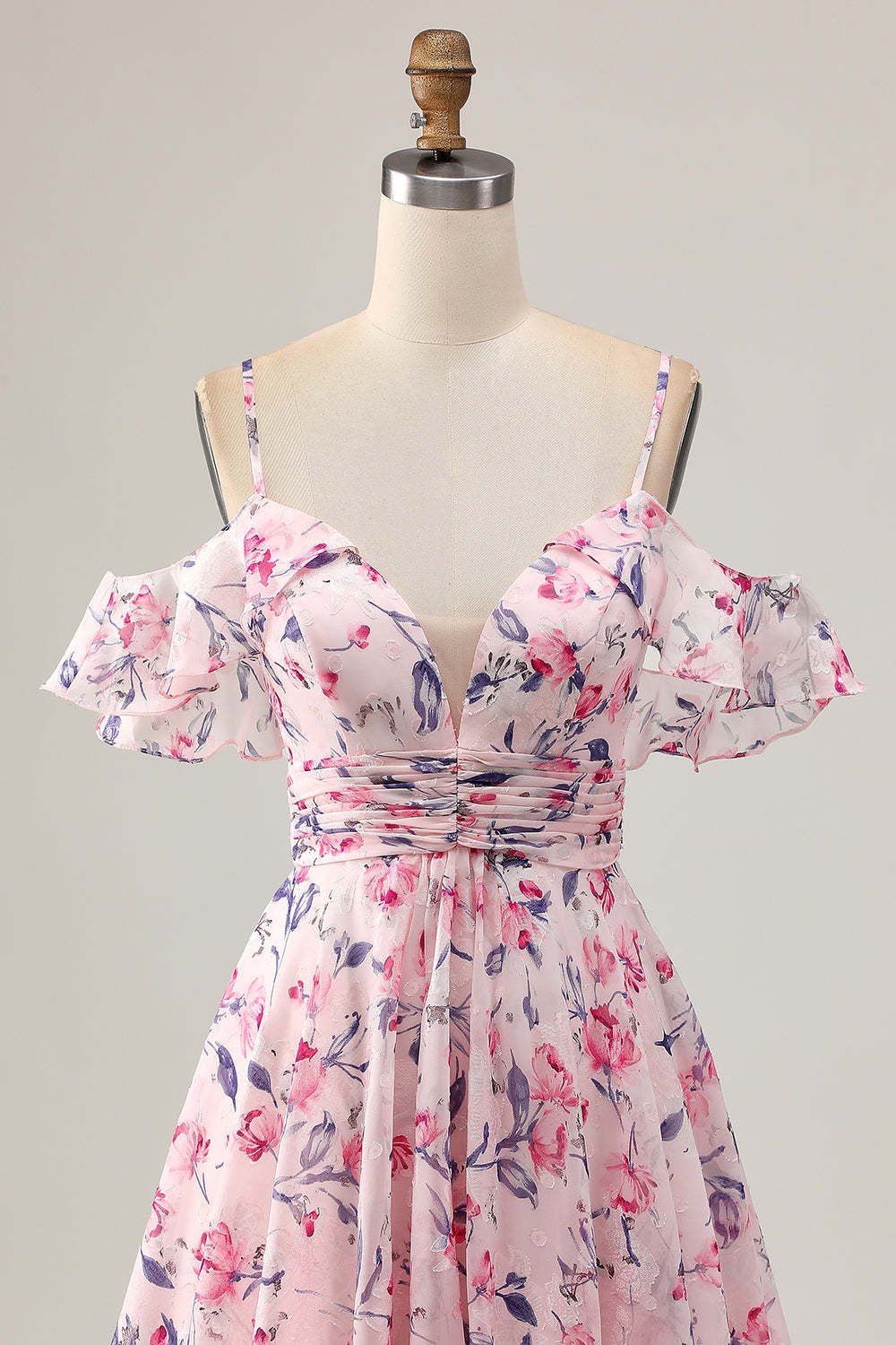 Pink Floral Chiffon Cold Shoulder Ruched Short Homecoming Dress with Ruffles