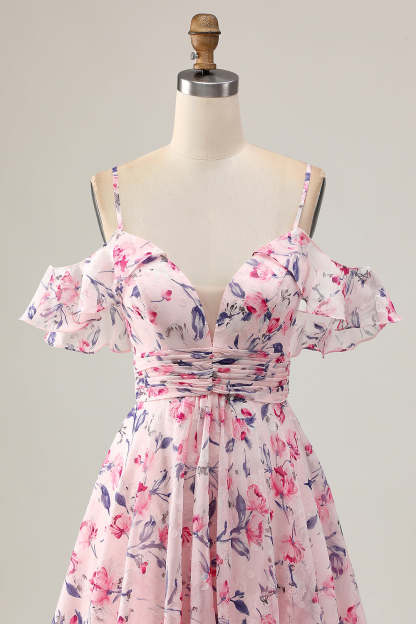 Pink Floral Chiffon Cold Shoulder Ruched Short Homecoming Dress with Ruffles