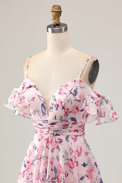 Pink Floral Chiffon Cold Shoulder Ruched Short Homecoming Dress with Ruffles