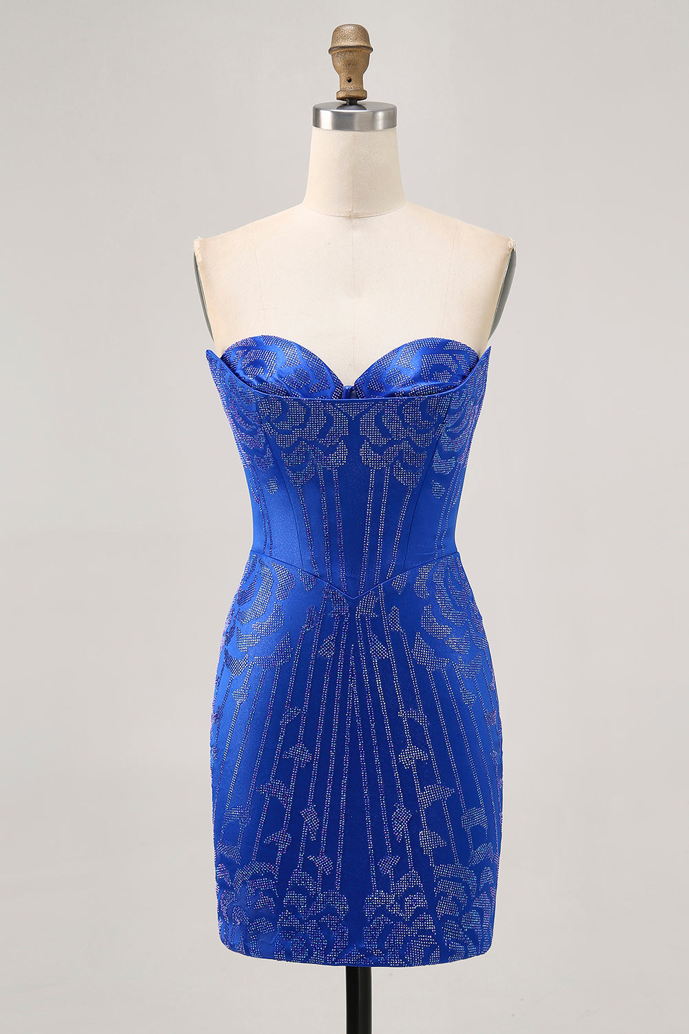 Royal Blue Satin Short Tight Strapless Sparkly Homecoming Dress with Beading