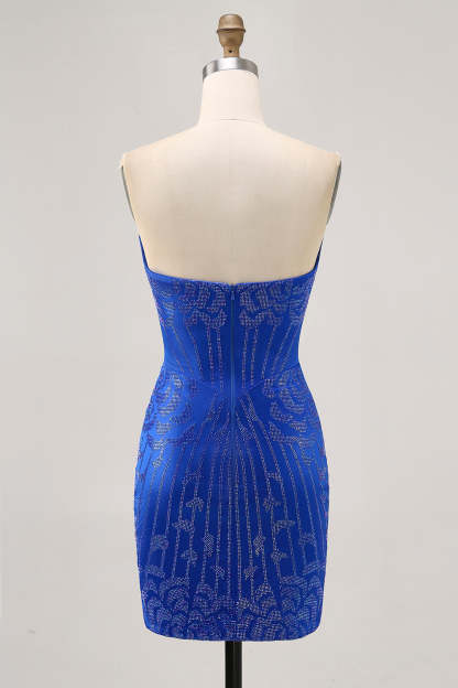 Royal Blue Satin Short Tight Strapless Sparkly Homecoming Dress with Beading