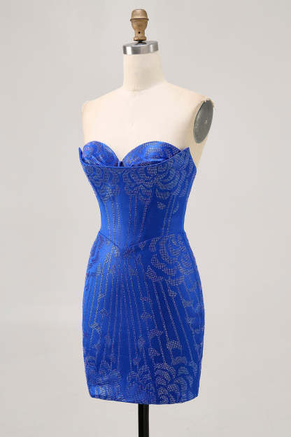 Royal Blue Satin Short Tight Strapless Sparkly Homecoming Dress with Beading