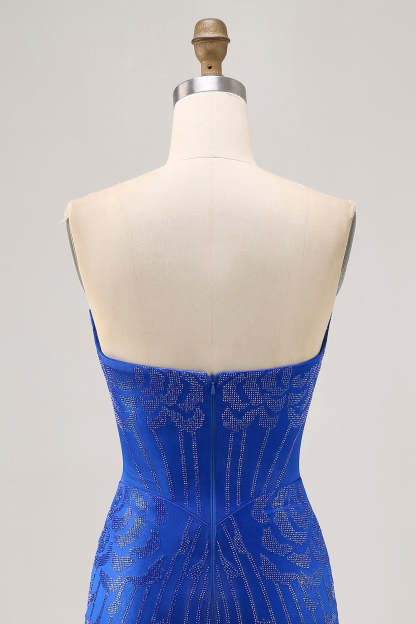 Royal Blue Satin Short Tight Strapless Sparkly Homecoming Dress with Beading