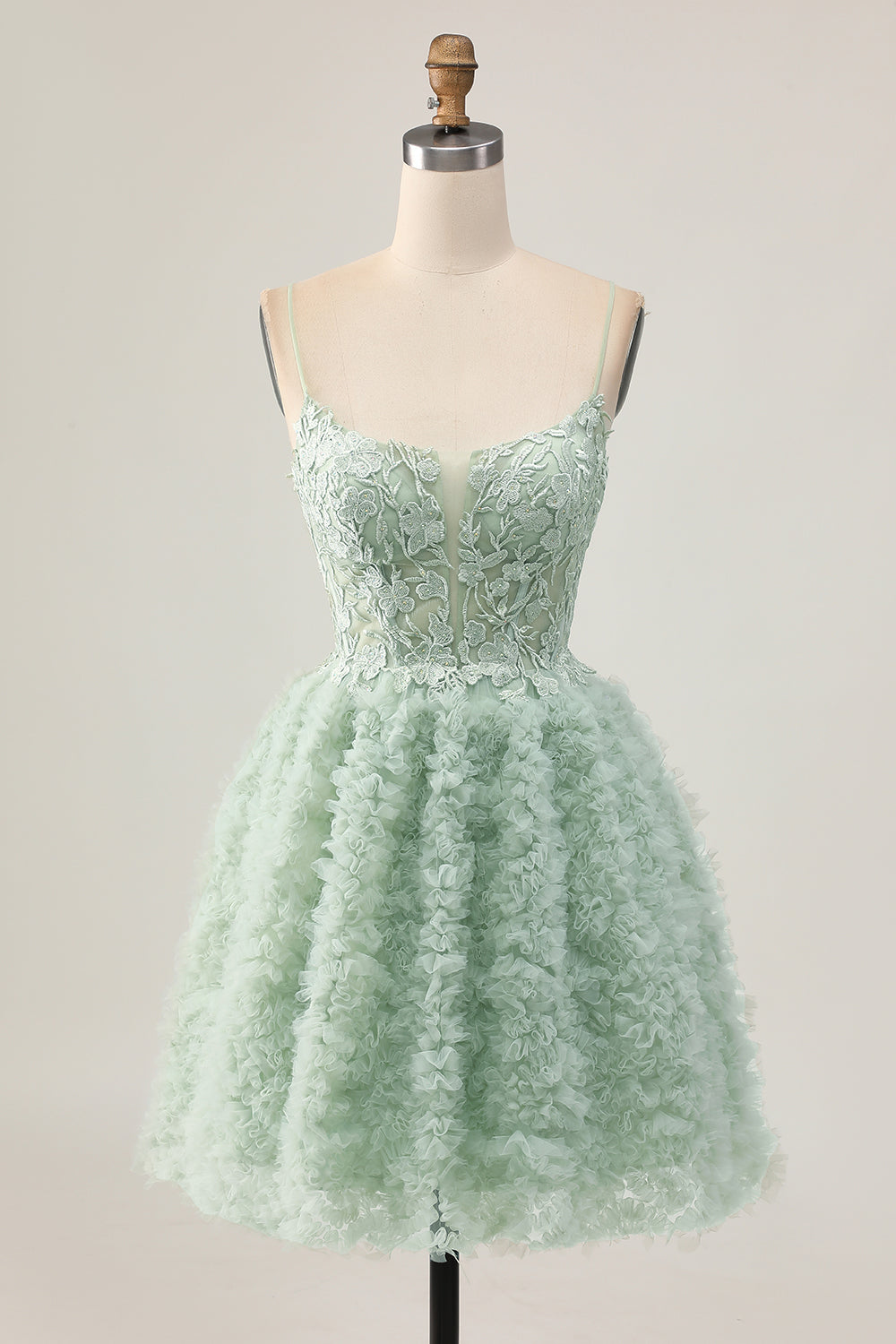 Sage Green Ruffled A Line Short Corset Homecoming Dress with Lace