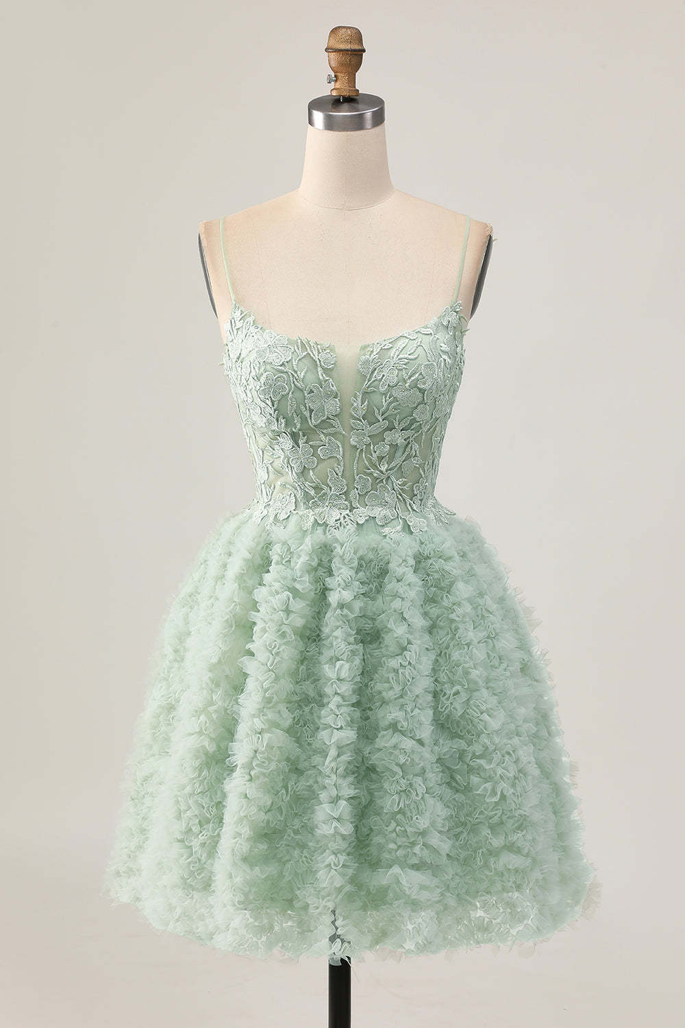 Leely Women Sage Green Short Corset Homecoming Dress with Lace Applique Spaghetti Straps A Line Backless Cocktail Dress with Ruffles