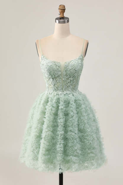Leely Women Sage Green Short Corset Homecoming Dress with Lace Applique Spaghetti Straps A Line Backless Cocktail Dress with Ruffles