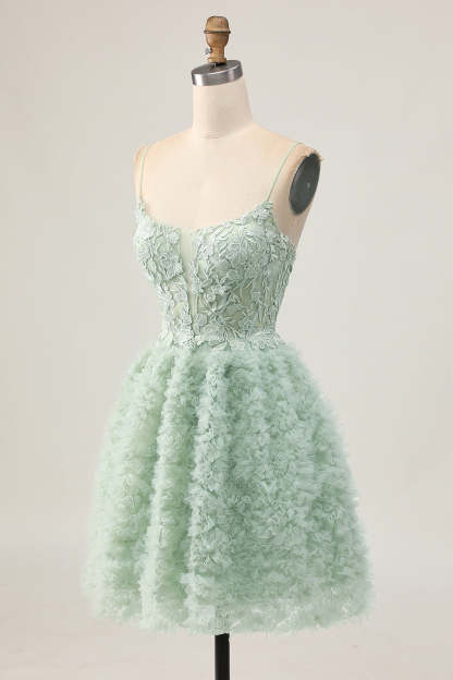 Sage Green Ruffled A Line Short Corset Homecoming Dress with Lace