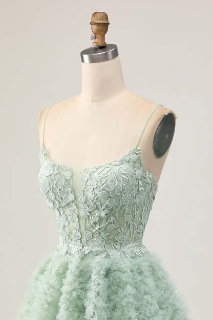 Sage Green Ruffled A Line Short Corset Homecoming Dress with Lace