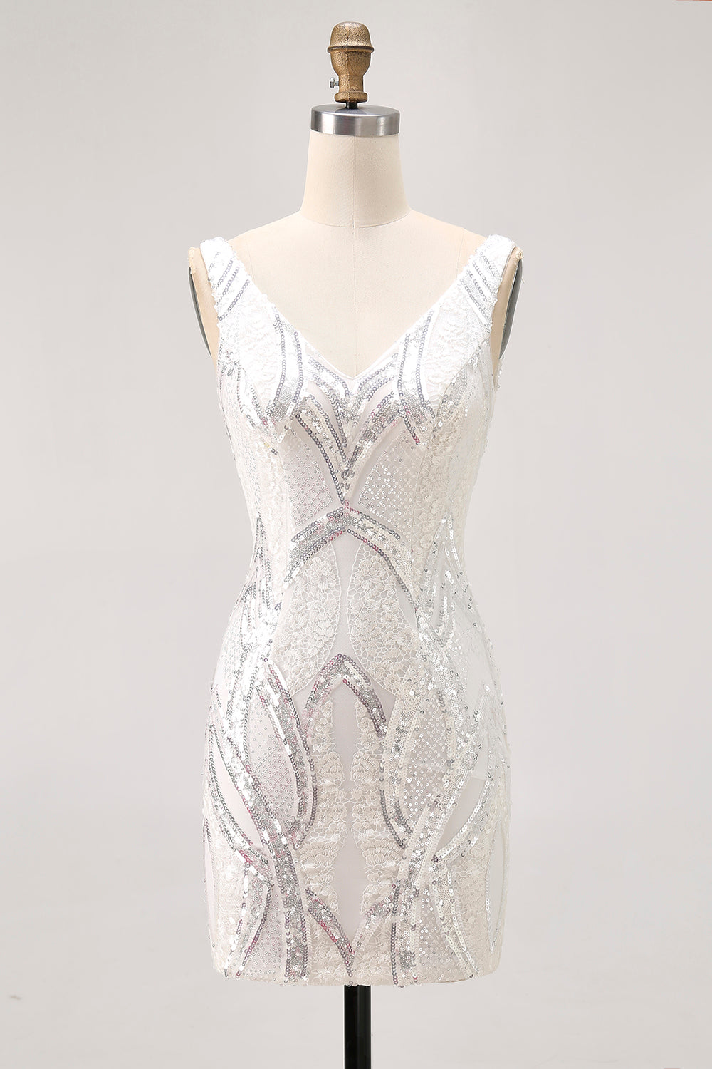 Leely Women Sparkly Sequined White Short Homecoming Dress with Lace V-Neck Tight Cocktail Dress