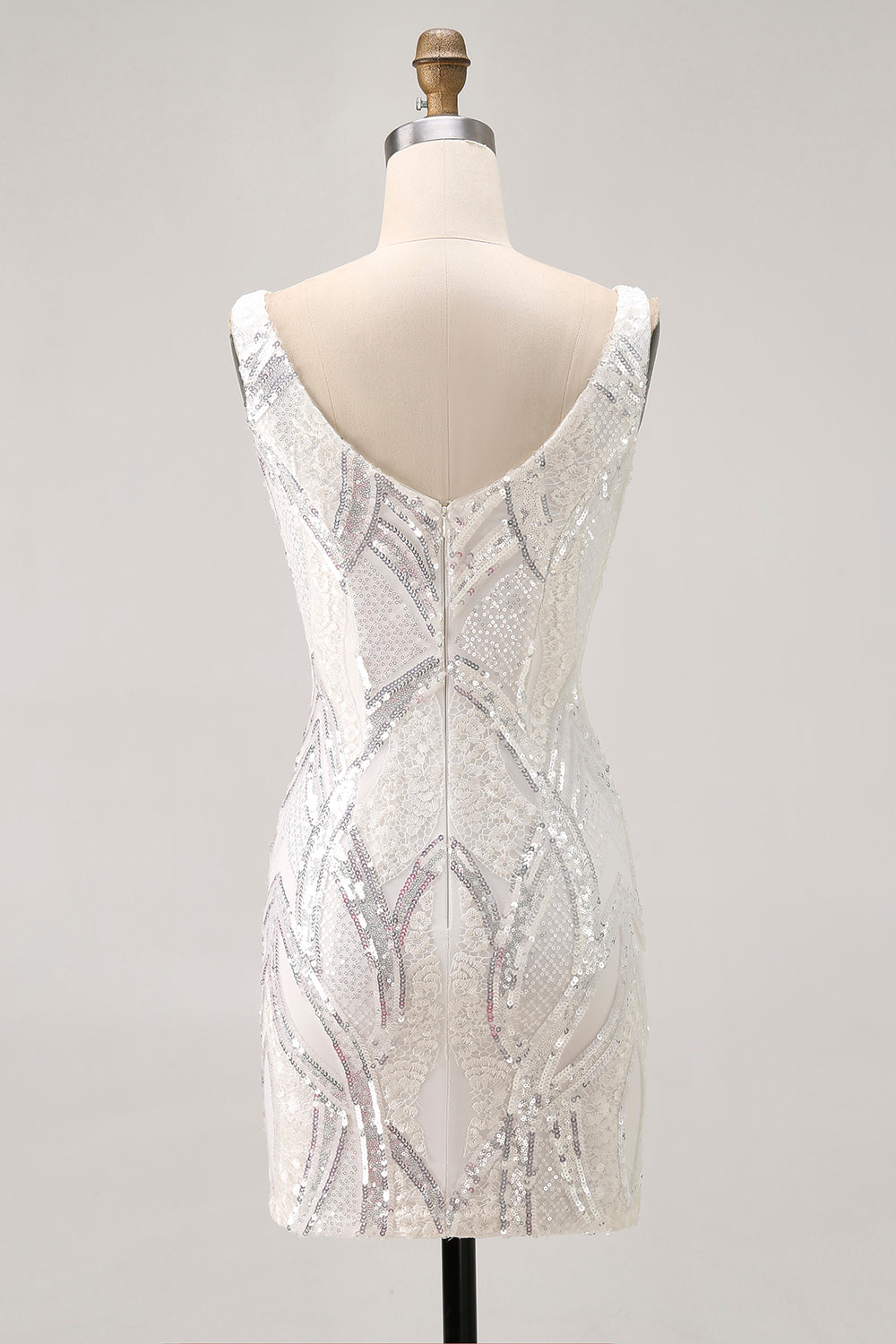 Sparkly Sequined White Tight V-Neck Short Homecoming Dress with Lace