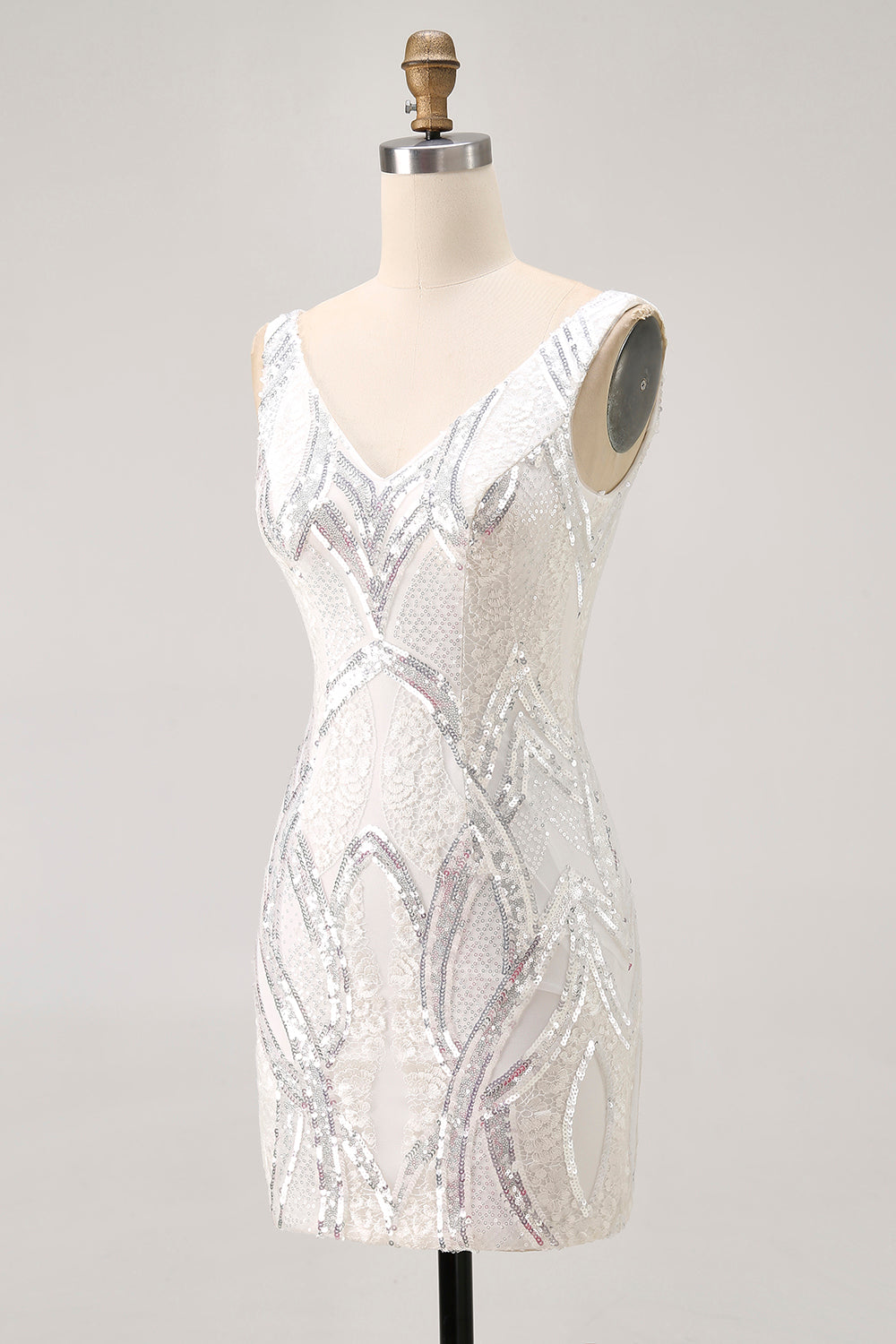 Sparkly Sequined White Tight V-Neck Short Homecoming Dress with Lace