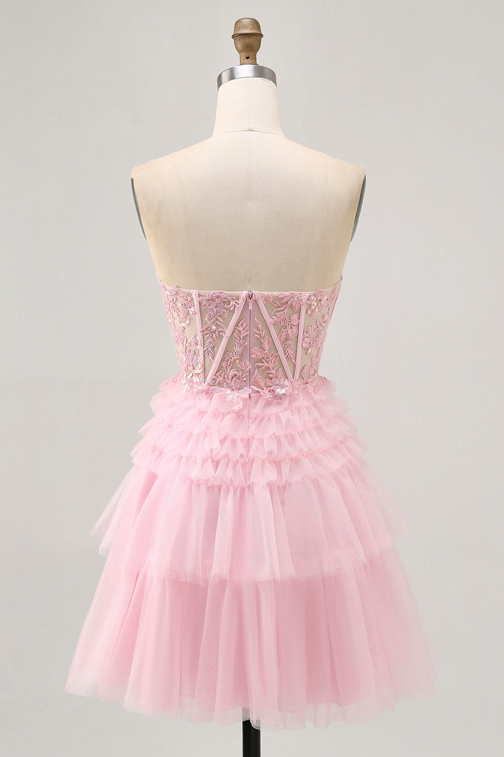 Sparkly Pink Corset Sweetheart Tiered Short Homecoming Dress with Lace