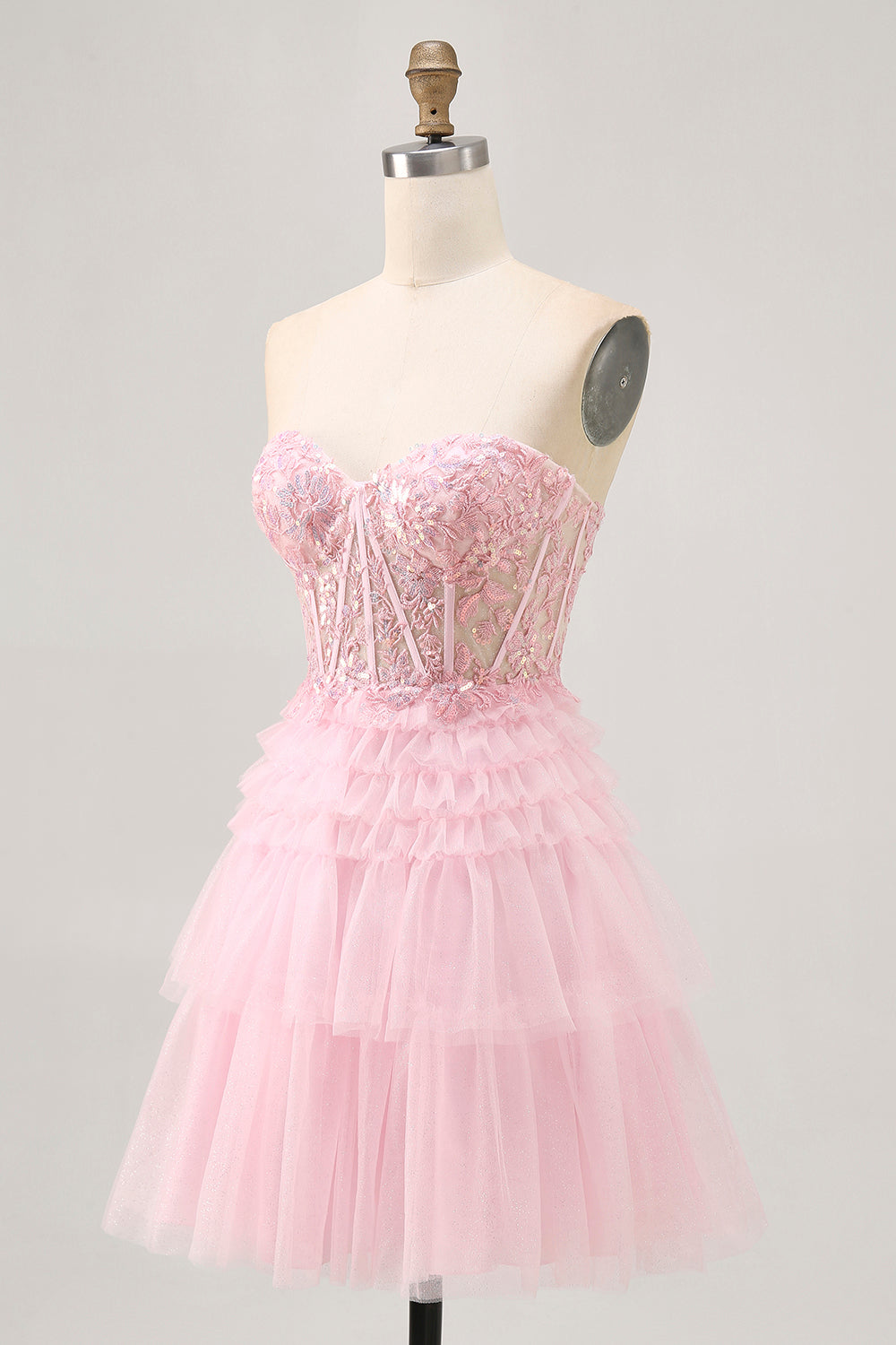 Sparkly Pink Corset Sweetheart Tiered Short Homecoming Dress with Lace