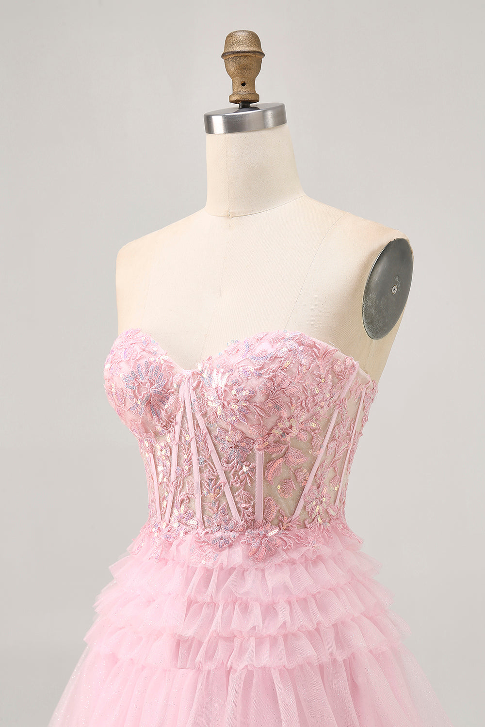 Sparkly Pink Corset Sweetheart Tiered Short Homecoming Dress with Lace