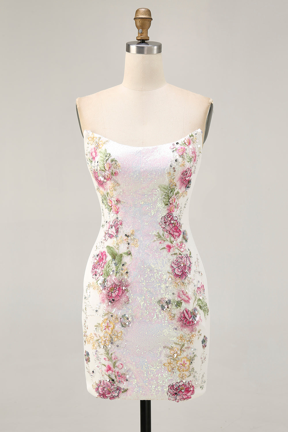 Sparkly Sequined White Floral Strapless Short Tight Homecoming Dress