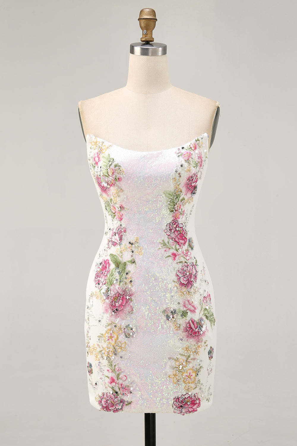 Leely Women Sparkly Sequins White Short Floral Homecoming Dress Tight Strapless Cocktail Dress