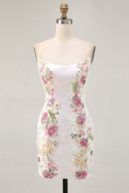Leely Women Sparkly Sequins White Short Floral Homecoming Dress Tight Strapless Cocktail Dress