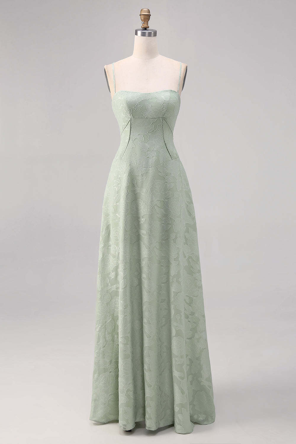 Sage Green Floral Lace Corset A Line Maxi Bridesmaid Dress