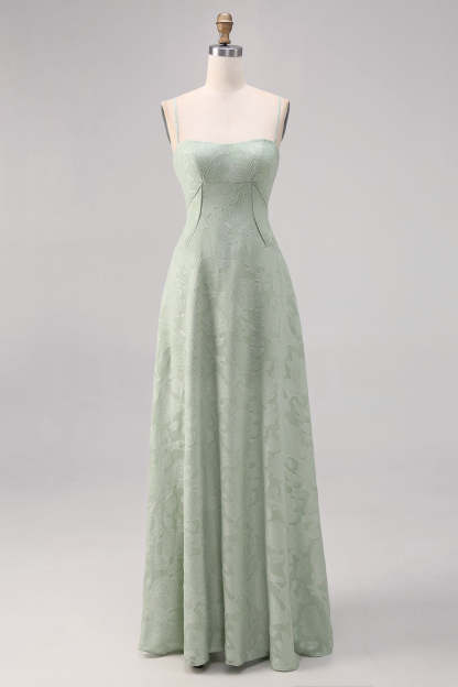 Sage Green Floral Lace Corset A Line Maxi Bridesmaid Dress