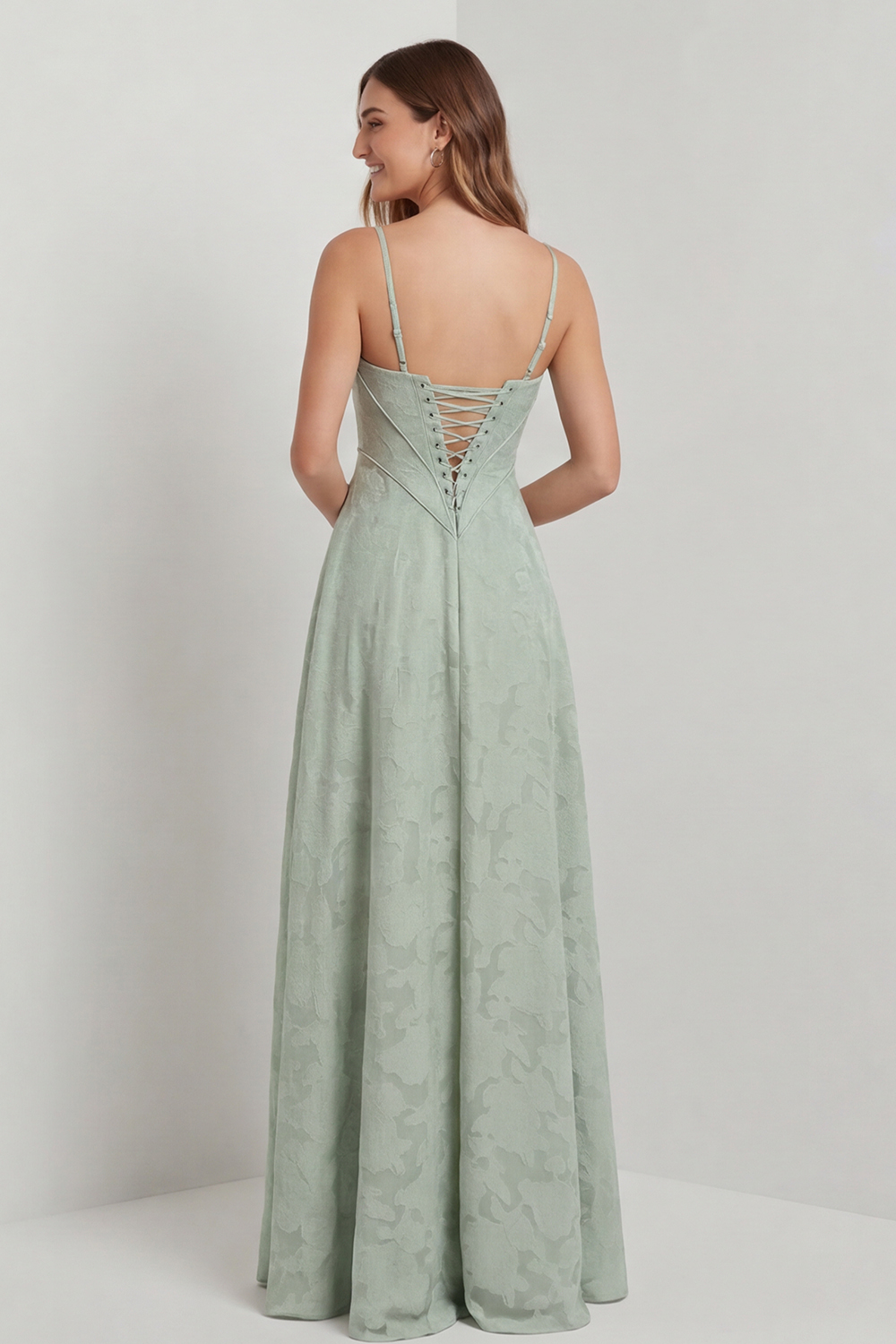 Sage Green Floral Lace Corset A Line Maxi Bridesmaid Dress