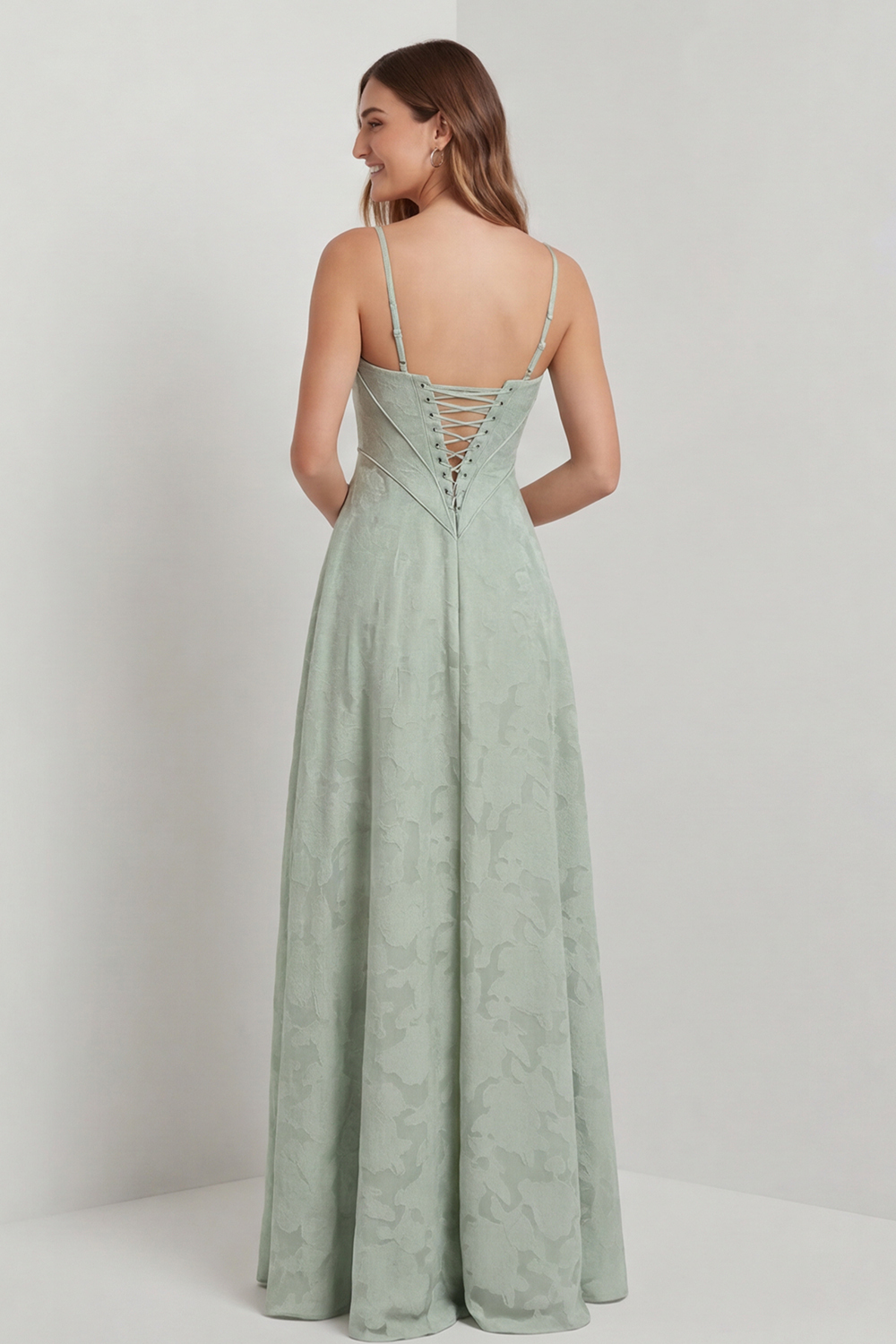 Sage Green Floral Lace Corset A Line Maxi Bridesmaid Dress