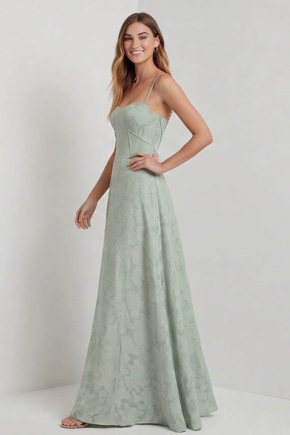 Sage Green Floral High Waist A Line Maxi Wedding Guest Dress
