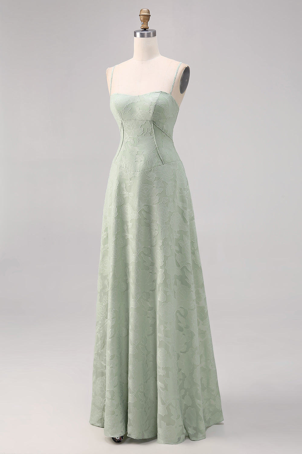Sage Green Floral Lace Corset A Line Maxi Bridesmaid Dress