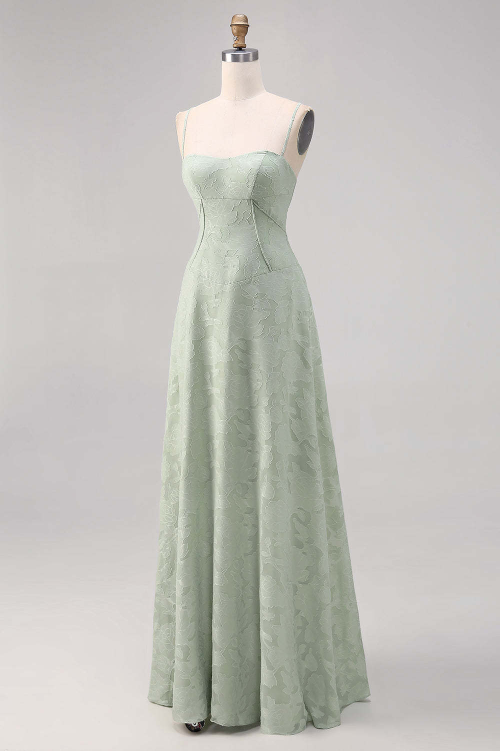 Sage Green Floral Lace Corset A Line Maxi Bridesmaid Dress