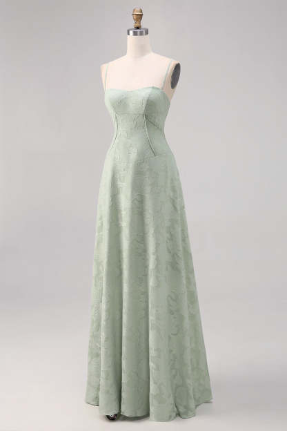 Sage Green Floral Lace Corset A Line Maxi Bridesmaid Dress